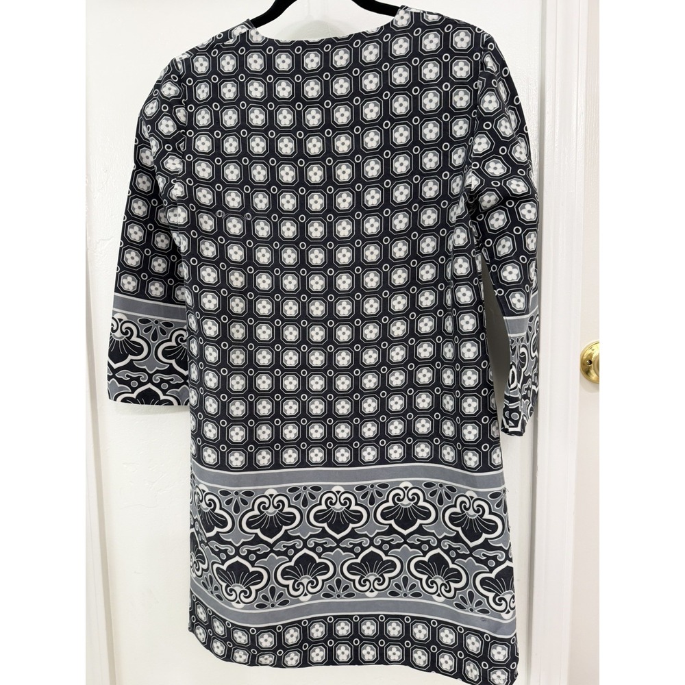Tory Burch 100% Silk Gray White Geometric Tunic Dress Split Neck Women Shift 4 - Picture 2 of 14